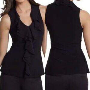 White House Black Market Black Blouse w/ Ruffled V Neck - Size: 10